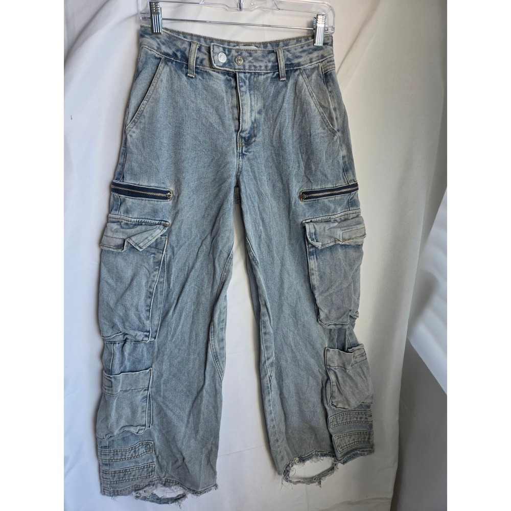 Forever 21 Cargo Jeans Womens Blue Light Wash Relaxed High Rise Wide Leg